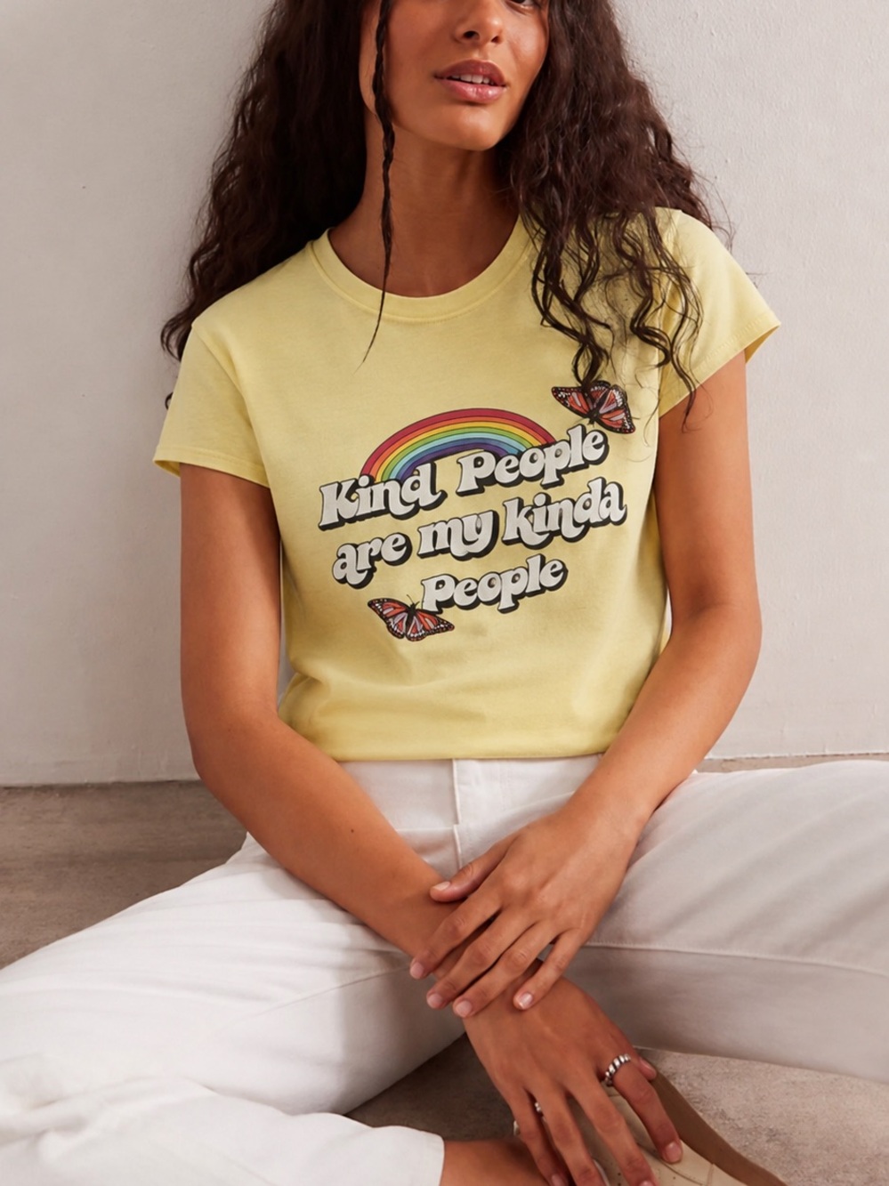 Forever 21 Pale Yellow Graphic Muscle Tee with Rainbow & Butterfly